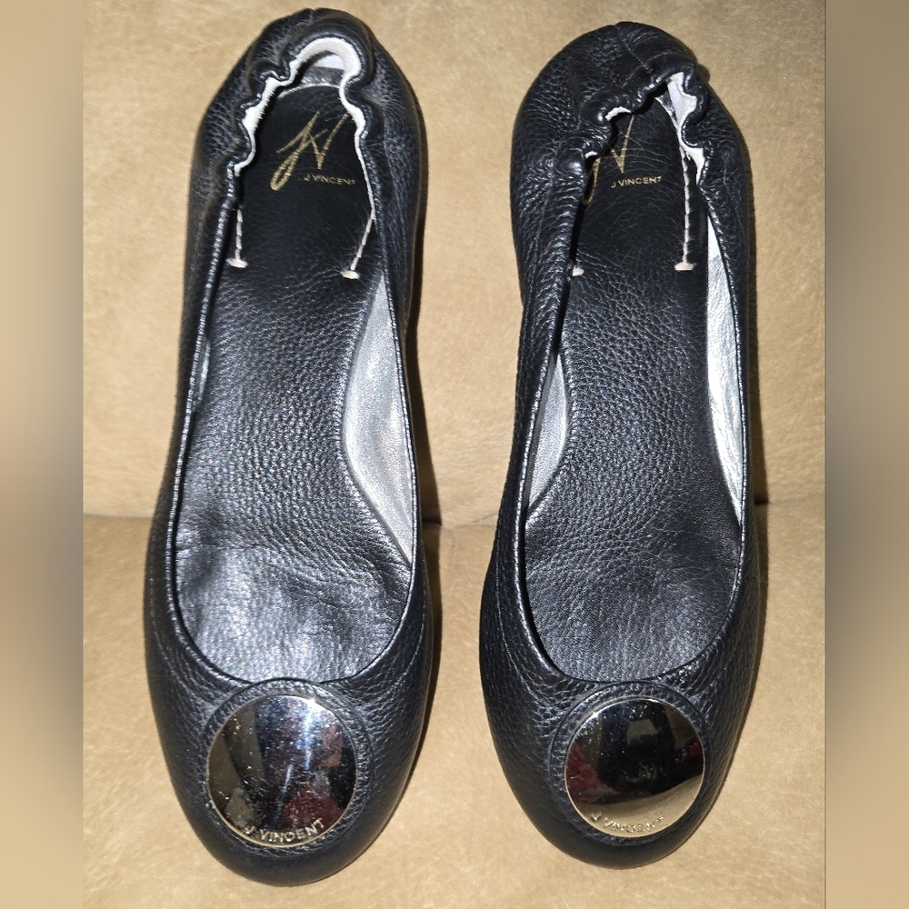J. Vincent Black Leather Ballet Flats with Silver Accents Size 8.5